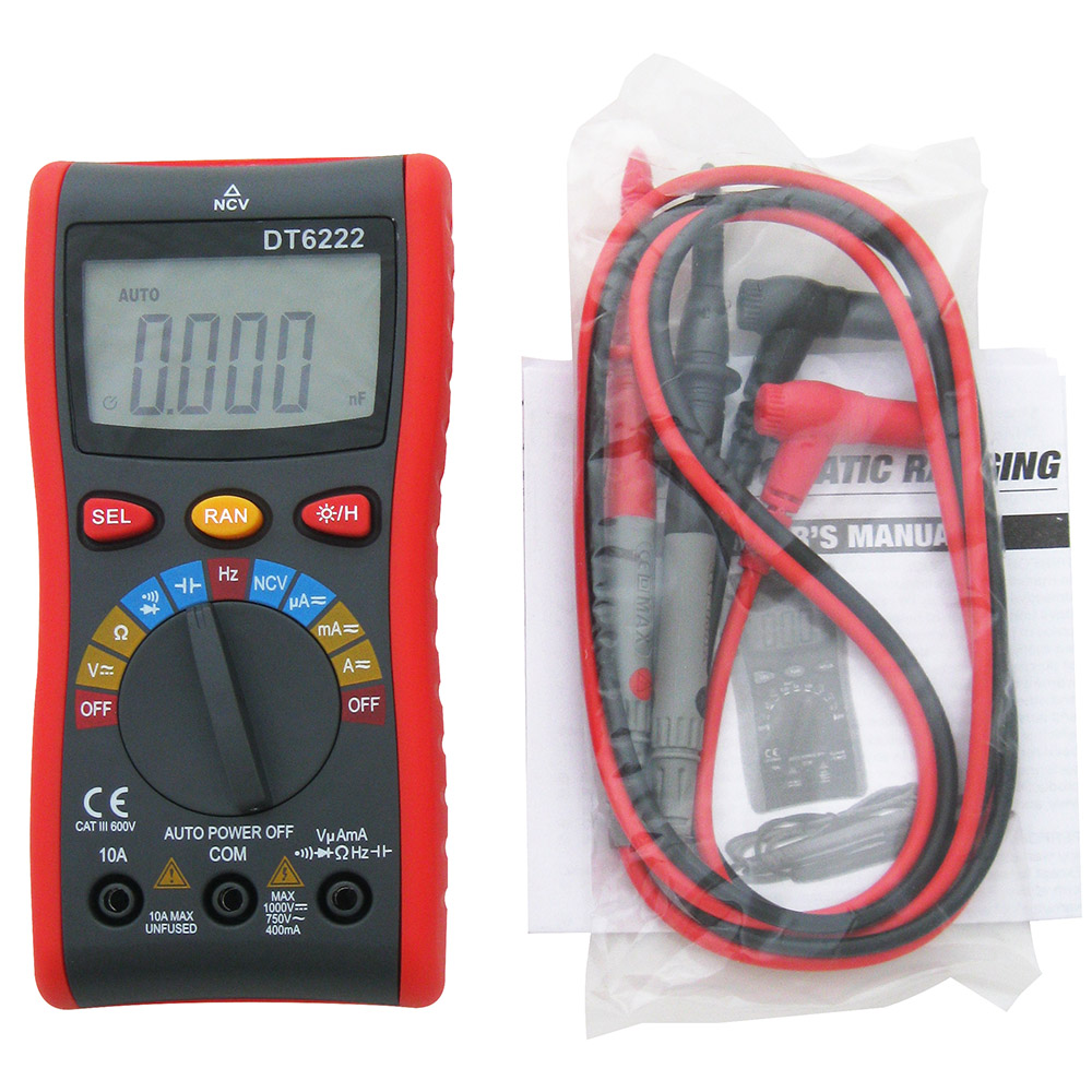 CHINYOO DT6222 digital multimeter with test leads and manual