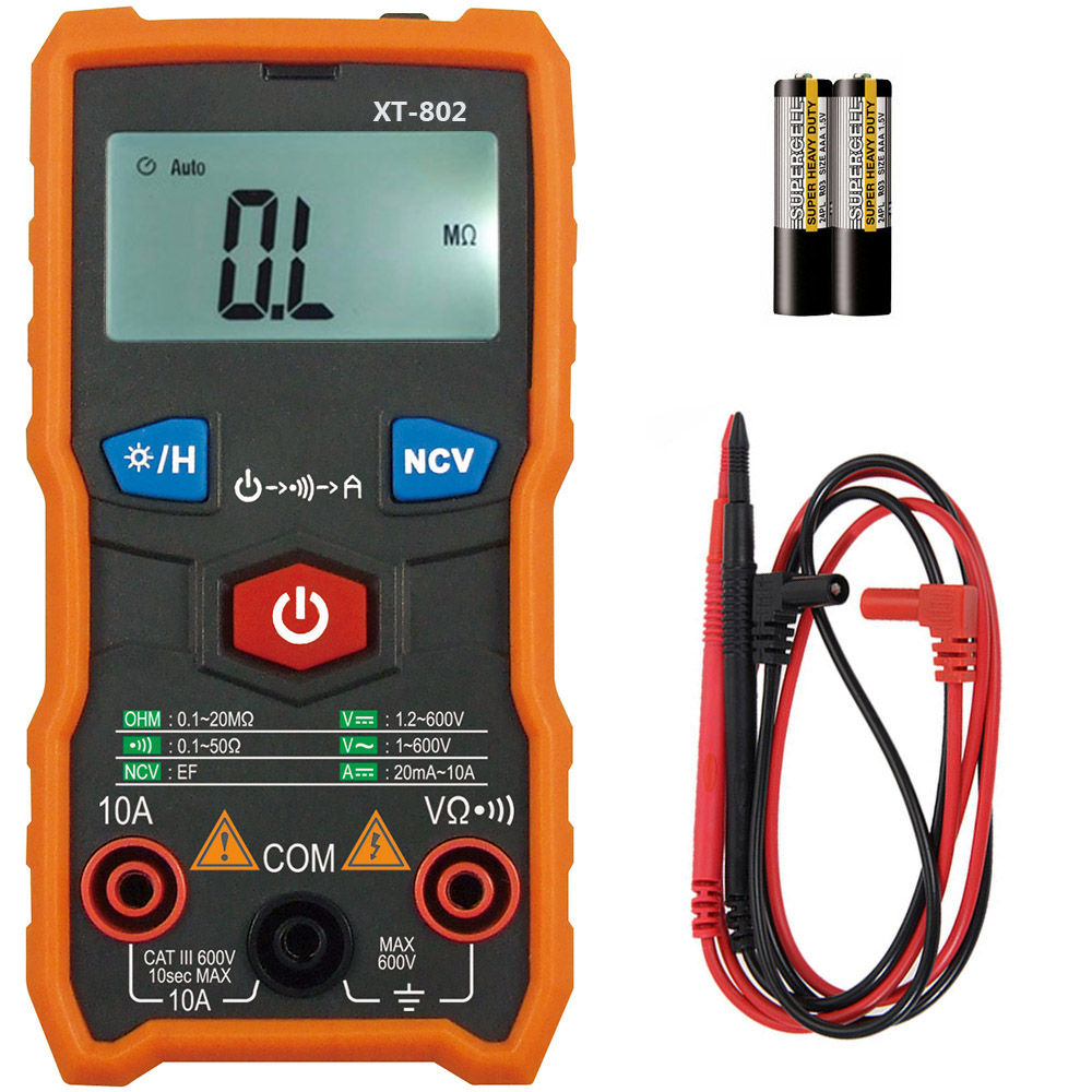 CHINYOO XT802 digital multimeter front panel with batteries and test leads